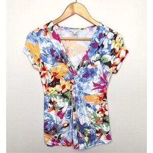 Venus Womens Multicolor V Neck Front Knotted Stretch Floral Blouse Top Small